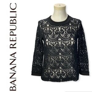 Banana Republic Black Lace Top With Crew Neck And Button Detail Down Back